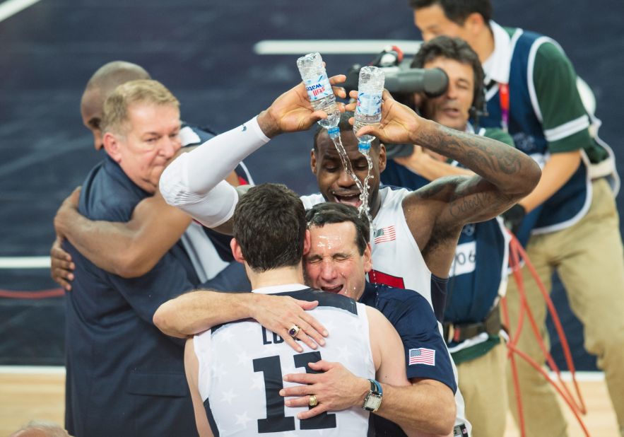 LeBron James dumps water on Krzyzewski after Team USA won Olympic gold in 2012.