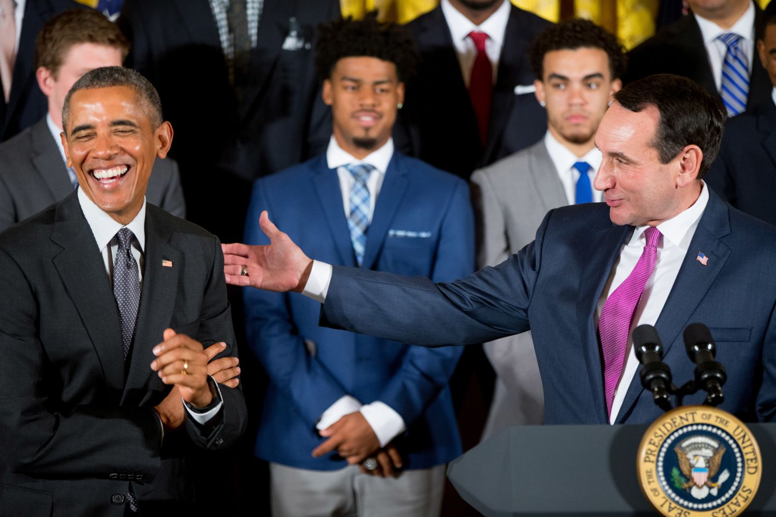 Krzyzewski jokes with President Barack Obama as the Blue Devils visited the White House after their 2015 title.