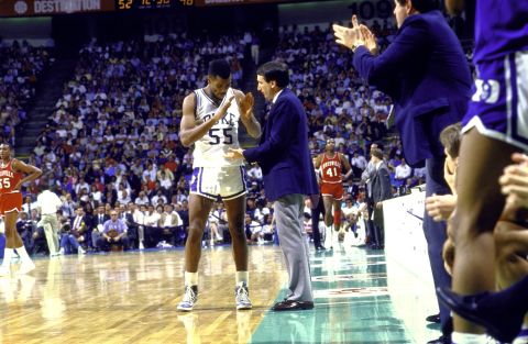 Krzyzewski coaches Billy King during the national title game against Louisville in 1986. Duke lost 72-69, but it would return to the Final Four in five of the next six seasons.