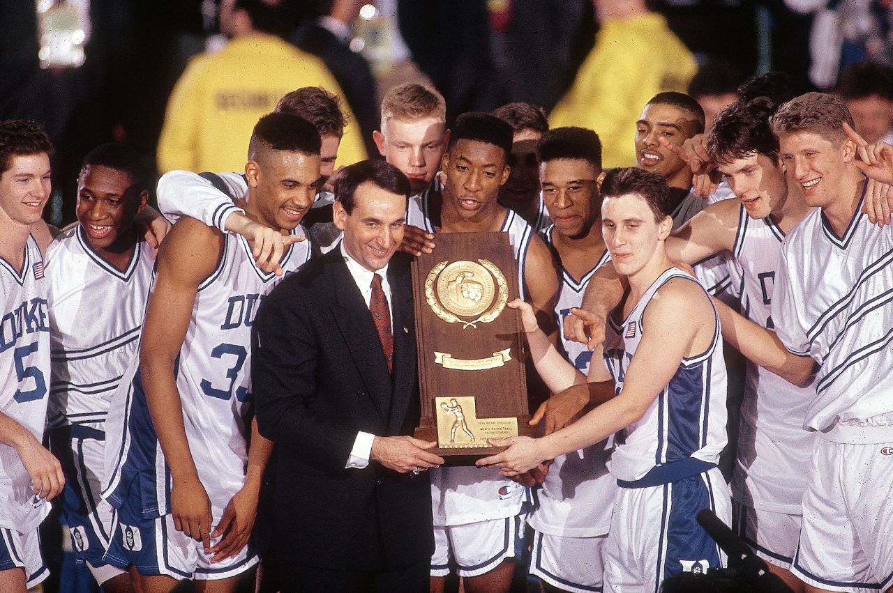 Krzyzewski and Duke celebrate after winning the NCAA Tournament final in 1991. It was sweet redemption for the Blue Devils, who were blown out in the national title game one year earlier.