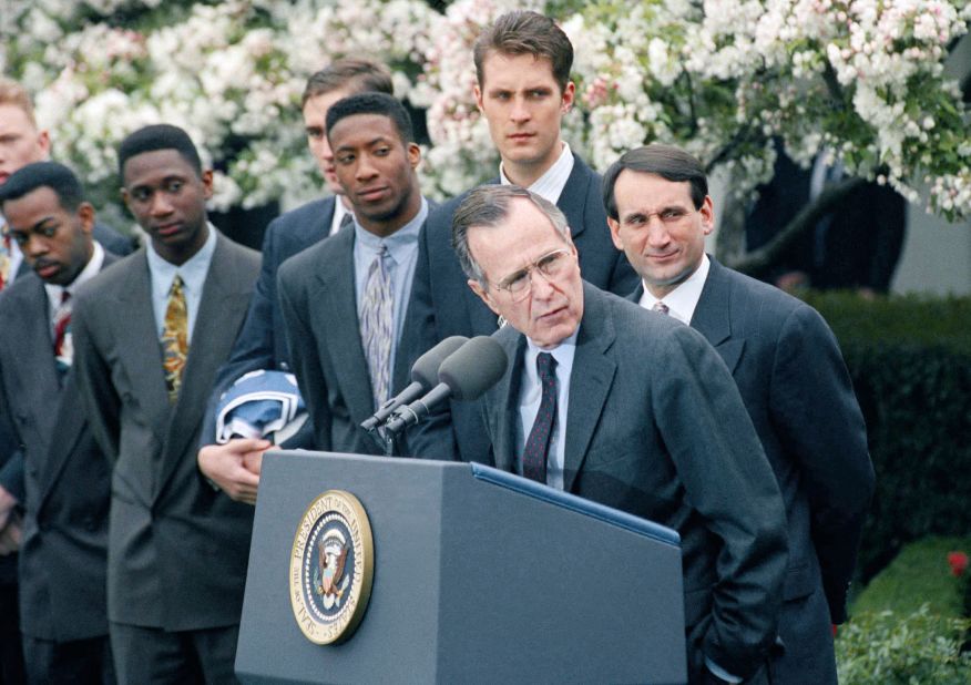 President George H.W. Bush welcomes Krzyzewski's team to the White House after their 1992 title.