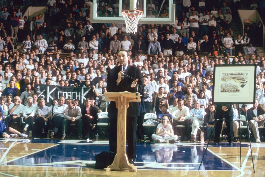 Krzyzewski speaks to Duke fans after the court at Cameron Indoor Stadium was named after him in 2000.