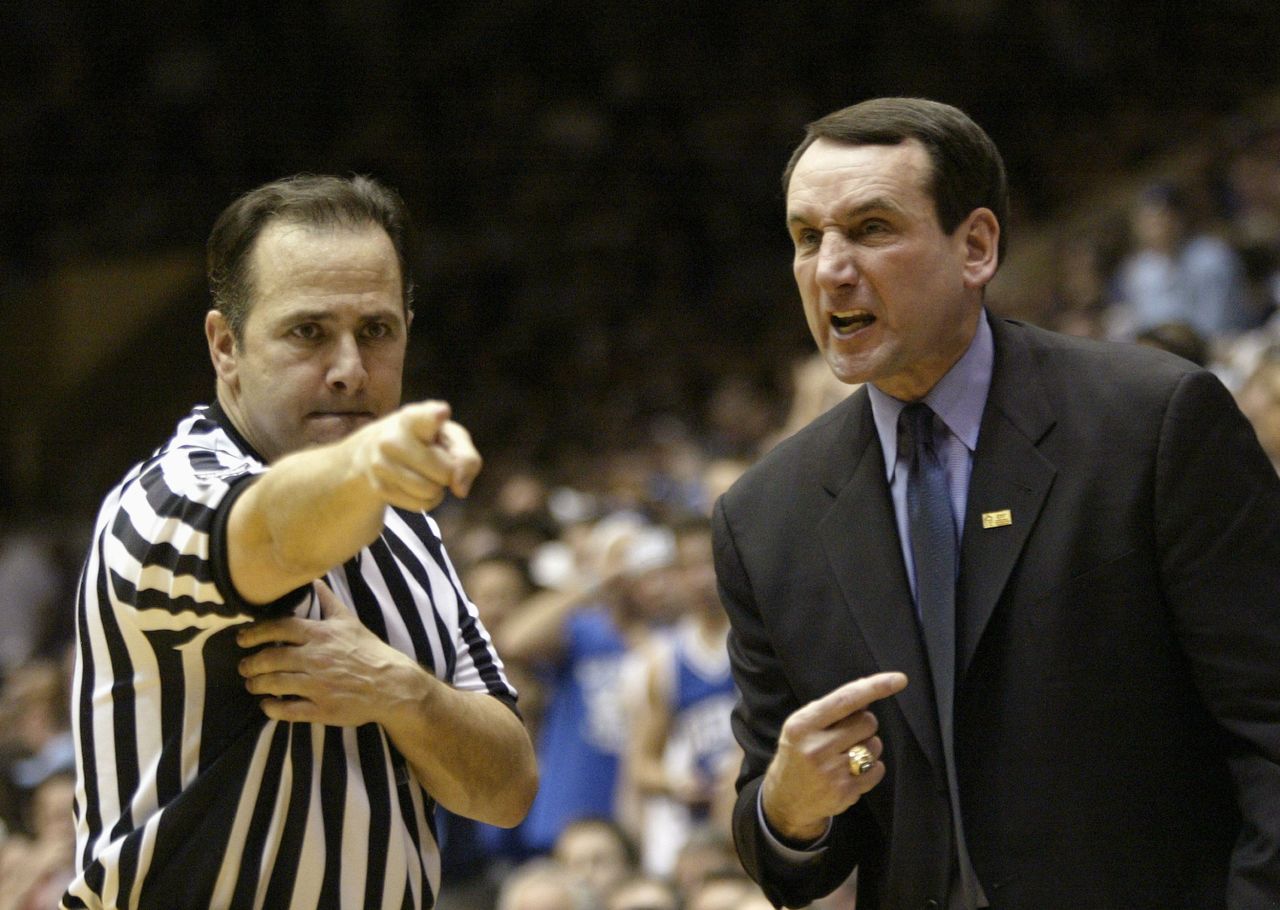Krzyzewski shouts toward an official during a home game against North Carolina in 2005.