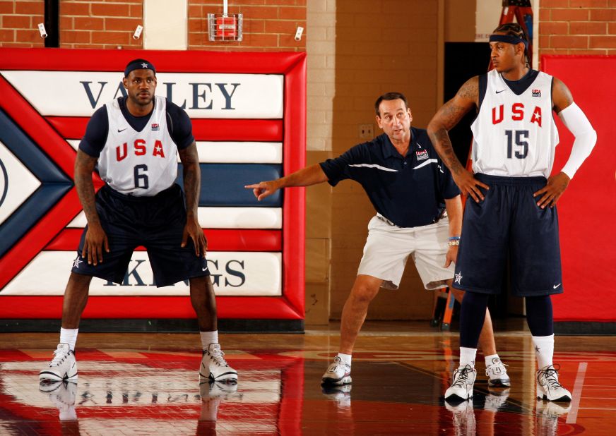 Krzyzewski coaches LeBron James, left, and Carmelo Anthony during a Team USA practice in 2008. The team went on to win Olympic gold that year in Beijing.