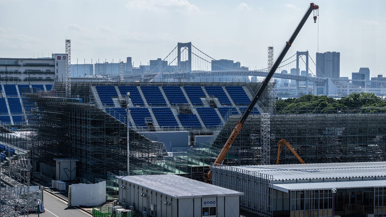 Work continuing on the Ariake Urban Sports Park, one of the venues for the Tokyo Olympics, on Tuesday.