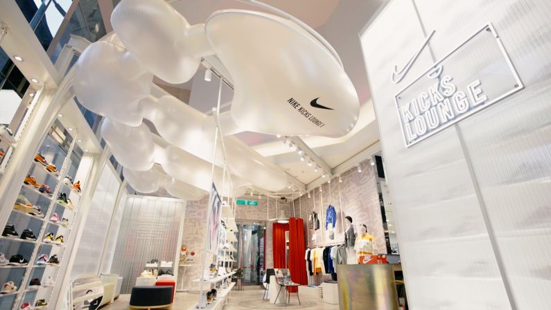 The Nike Kicks Lounge store in Taipei is one of more than 20 Nike stores Miniwiz has designed worldwide. The giant air bubble on the ceiling is made out of recycled plastic bottles and many fixtures are made from recycled Nike shoes and other materials.