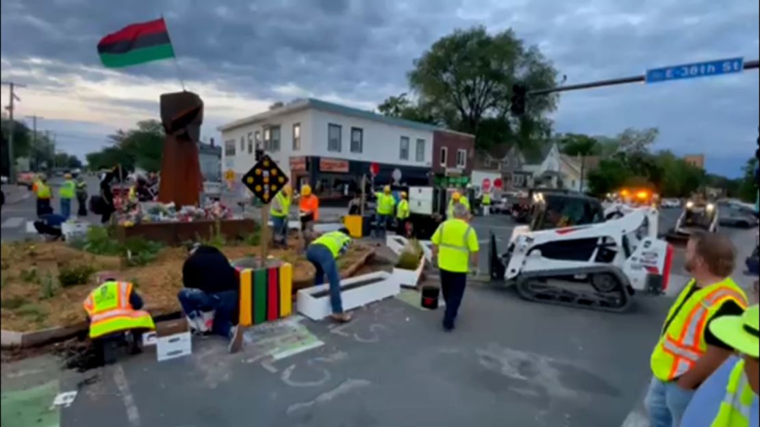 Workers on site at George Floyd square in Minneapolis, Minnesota, on Thursday.