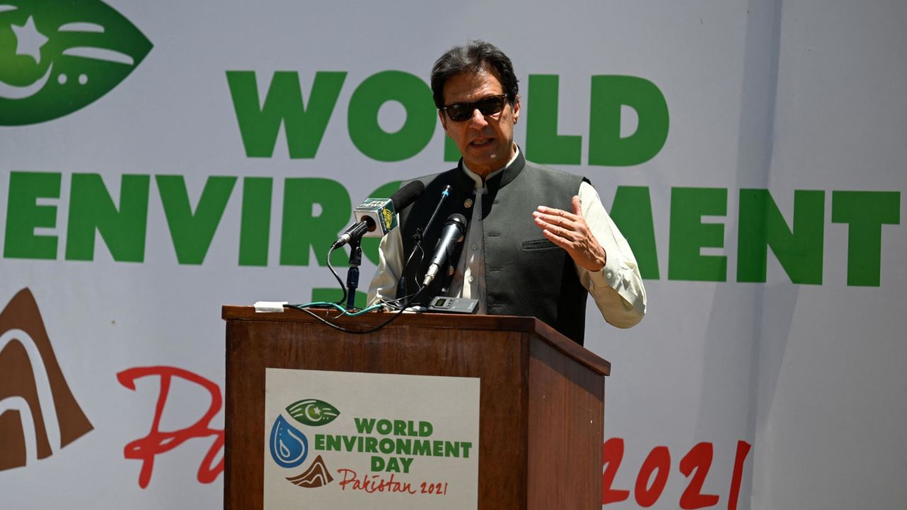 Imran Khan at an event after inspecting the progress of the 10 Billion Tree Tsunami campaign, in Haripur District, Pakistan, May 27, 2021.