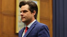 Rep. Matt Gaetz (R-FL) walks out of the committee room during a hearing with the House Armed Services Subcommittee on Cyber, Innovative Technologies, and Information System in the Rayburn House Office Building on May 14, 2021 in Washington, DC.