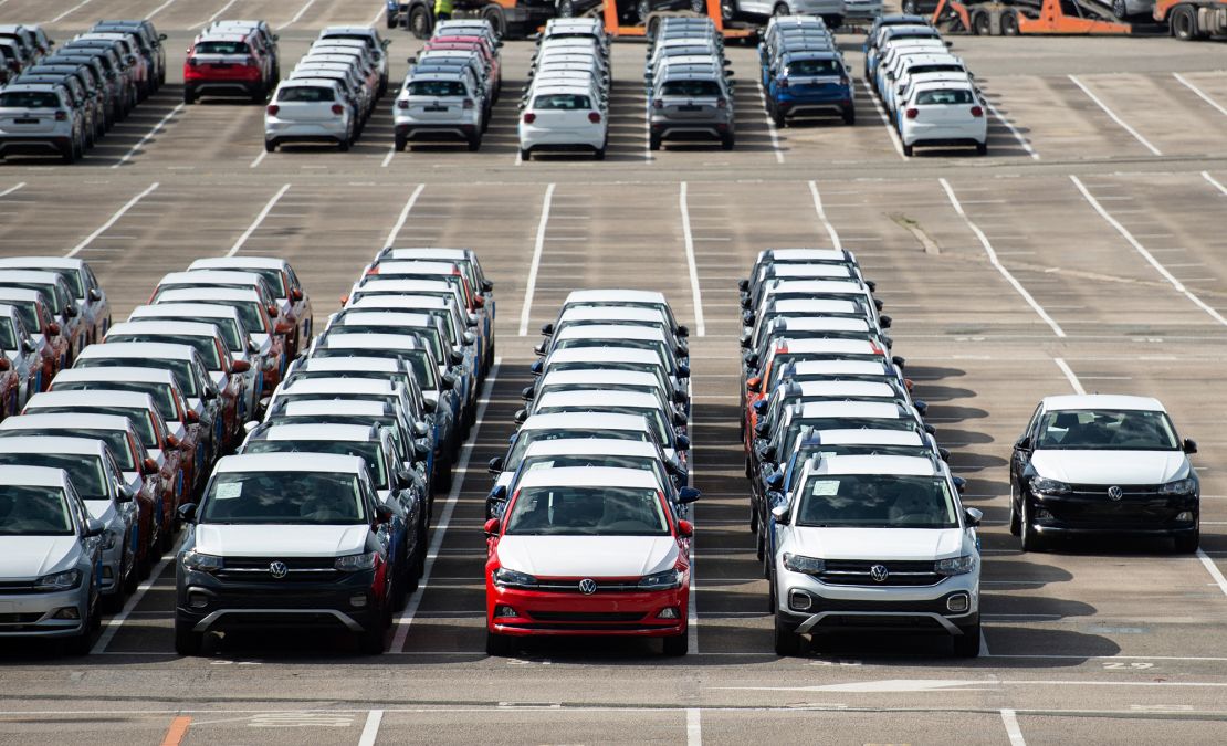 Around 5,000 unfinished cars remain parked outside the Volkswagen Navarra factory in Spain due to lack of semiconductor supply, on May 14.