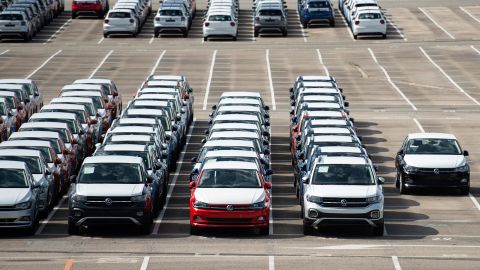 Around 5,000 unfinished cars remain parked outside the Volkswagen Navarra factory in Spain due to lack of semiconductor supply, on May 14.