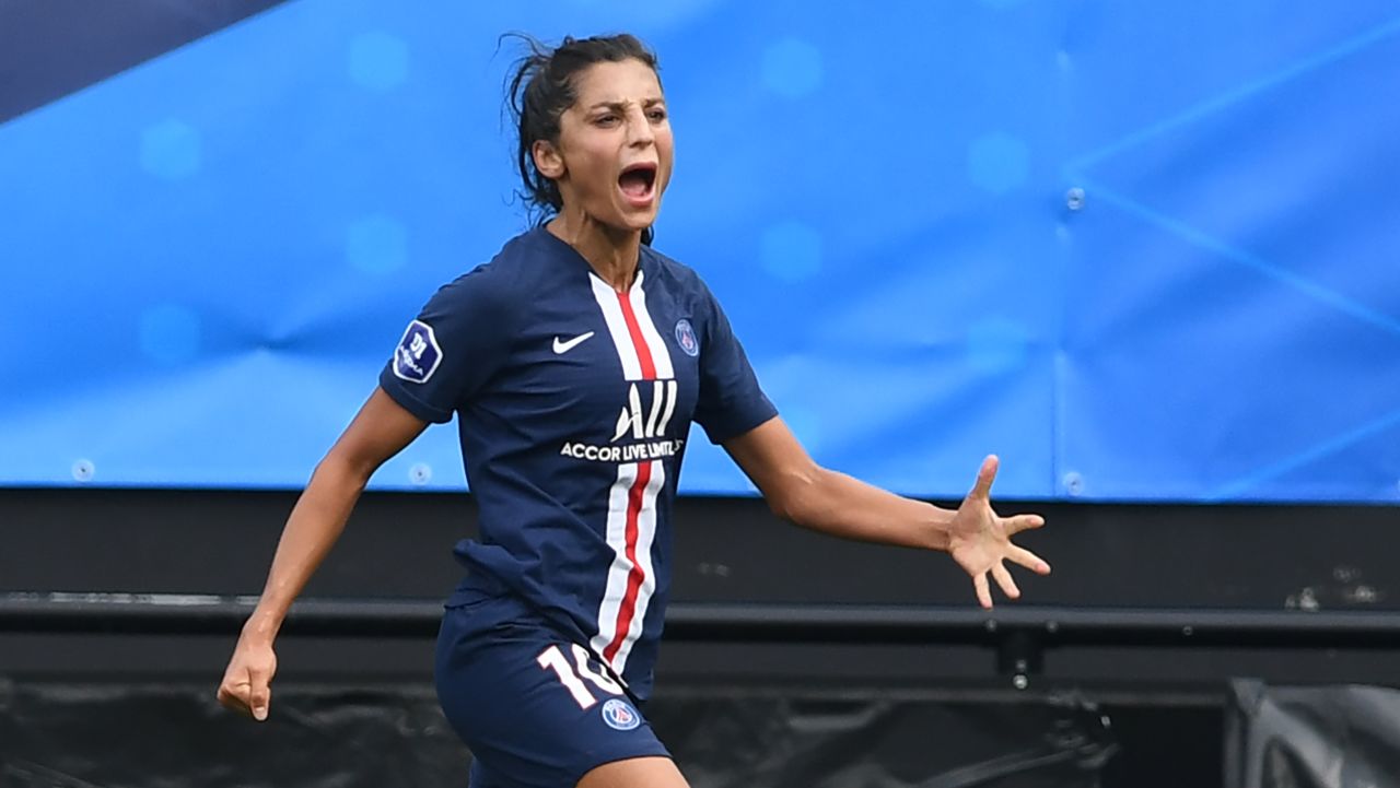 Paris Saint-Germain's Danish forward Nadia Nadim jubilates after scoring during the "Trophee des Championnes" (Champions Trophy) the French football match women final between OLympique Lyonnaise and Paris Saint-Germain on September 21, 2019 at the Roudourou stadium in Guingamp, western France. (Photo by Fred TANNEAU / AFP)        (Photo credit should read FRED TANNEAU/AFP via Getty Images)