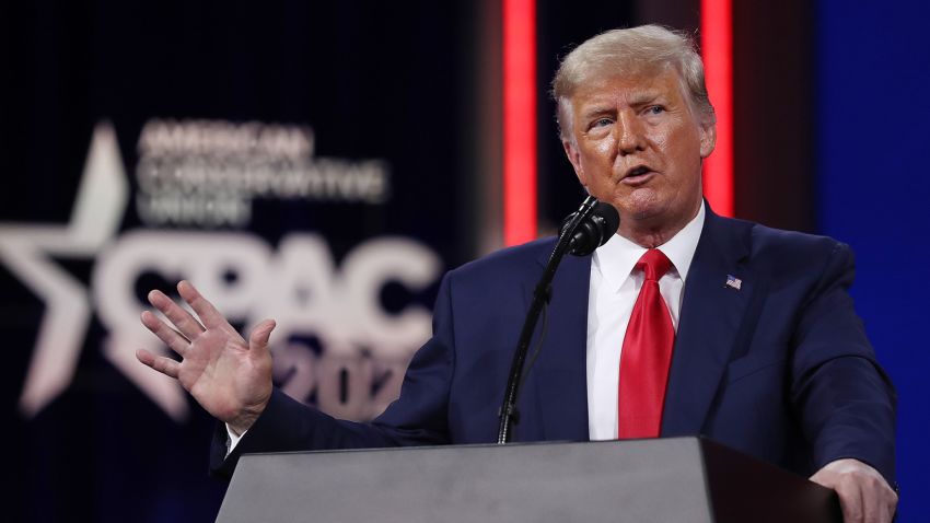 ORLANDO, FLORIDA - FEBRUARY 28:  Former U.S. President Donald Trump addresses the Conservative Political Action Conference (CPAC) held in the Hyatt Regency on February 28, 2021 in Orlando, Florida. Begun in 1974, CPAC brings together conservative organizations, activists, and world leaders to discuss issues important to them. (Photo by Joe Raedle/Getty Images)