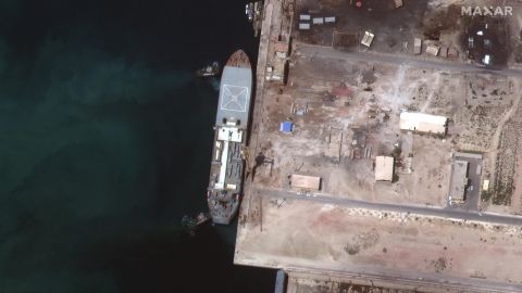 The Iranian ship Makran is seen in this Maxar Technologies satellite image from early May in Persian Gulf around Larak Island.  The boat appears to be loaded with seven small fast-attack boats on its deck. 