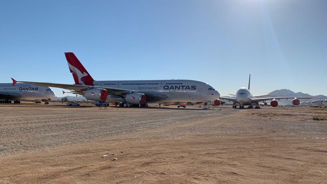 Unused Qantas A380s sit in an airfield in Victorville, California. 
