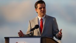 DORAL, FLORIDA - APRIL 09: Rep. Matt Gaetz (R-Fl) speaks during the "Save America Summit" at the Trump National Doral golf resort on April 09, 2021 in Doral, Florida. Mr. Gaetz addressed the summit hosted by Women for America First as the Justice Department is investigating the Congressman for allegations of sex with a minor and child sex trafficking. (Photo by Joe Raedle/Getty Images)