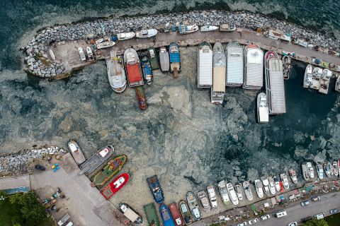 This aerial photo, taken on Sunday, May 30, shows mucilage, a thick, viscous fluid produced by phytoplankton, on Istanbul's shoreline. The mucilage has been informally referred to as "sea snot" and was first documented in Turkey's waters in 2007. Experts warn the mucilage will occur more often because of global warming.