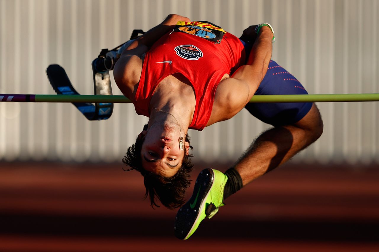 Paralympic athlete Ezra Frech competes in the high jump Sunday, May 30, during the Desert Challenge Games in Mesa, Arizona. Frech won the event.