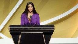 Vanessa Bryant speaks on behalf of Class of 2020 inductee, Kobe Bryant alongside presenter Michael Jordan during the 2021 Basketball Hall of Fame Enshrinement Ceremony at Mohegan Sun Arena on May 15, 2021 in Uncasville, Connecticut. 