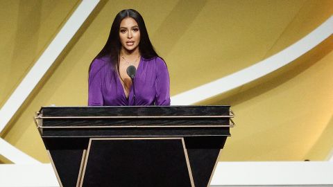 Vanessa Bryant speaks on behalf of Class of 2020 inductee, Kobe Bryant, alongside presenter Michael Jordan during the 2021 Basketball Hall of Fame Enshrinement Ceremony at Mohegan Sun Arena in May in Uncasville, Connecticut. 