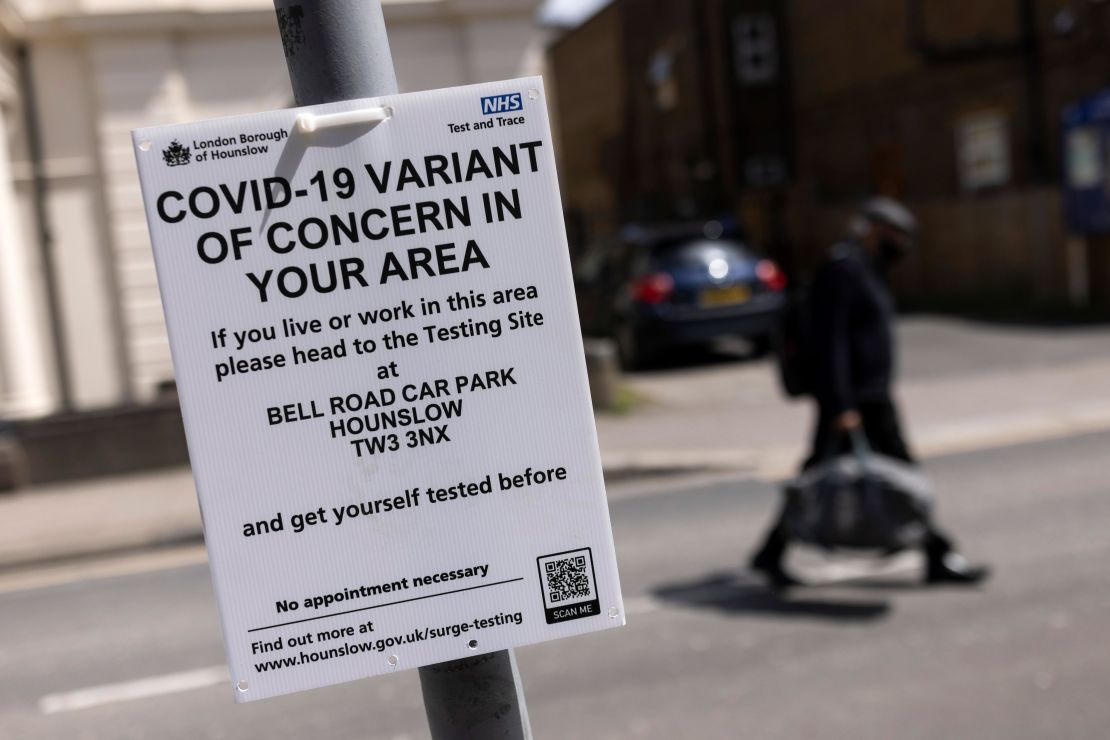A sign directing people to vaccination center in west London. The London borough of Hounslow is one of the UK locations facing a rise in Covid-19 cases, driven largely by the variant first identified in India.