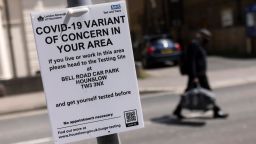 HOUNSLOW, ENGLAND - MAY 27: A sign directing people to a nearby vaccination centre is displayed on May 27, 2021 in Hounslow, England. The London borough of Hounslow is one of eight locations around England experiencing a rise in Covid-19 cases, driven largely by the virus variant first identified India. The variant, which is regarded as more transmissible than others that had predominated in England, has prompted concern about whether the UK can stick to its timeline for ending social restrictions. (Photo by Dan Kitwood/Getty Images)