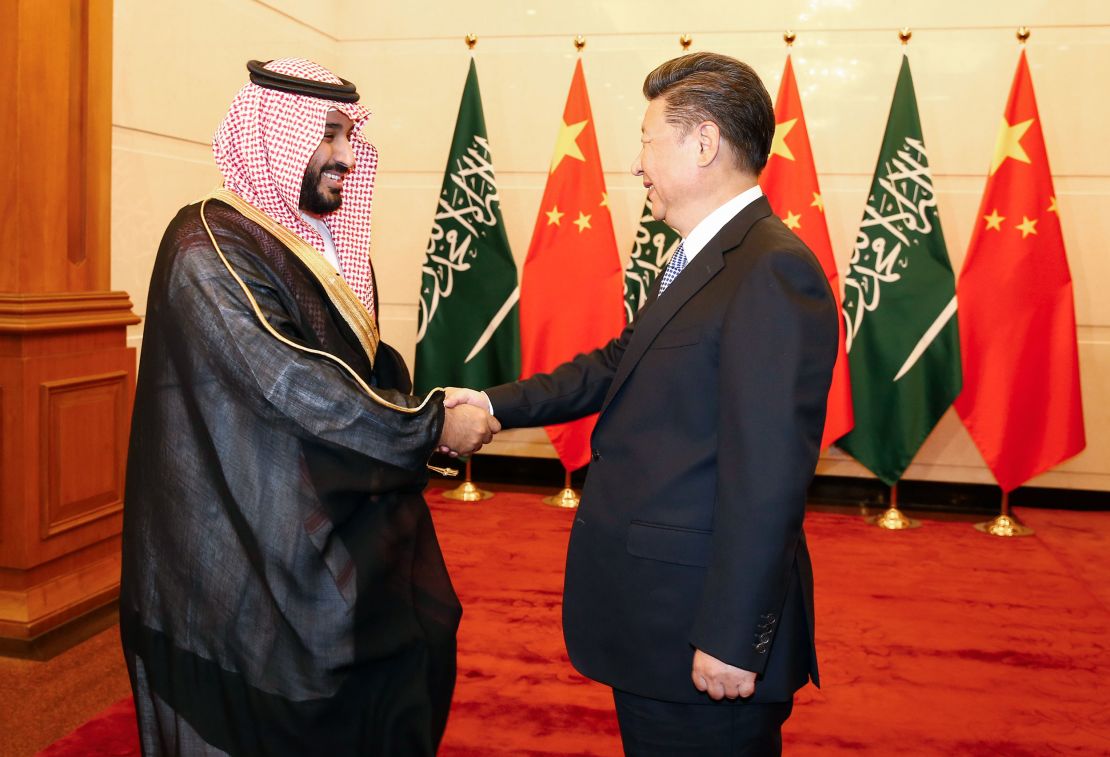 Saudi Arabia Deputy Crown Prince Mohammed bin Salman greets Chinese President Xi Jinping during a meeting at the Diaoyutai State guest house on August 31, 2016 in Beijing, China.  