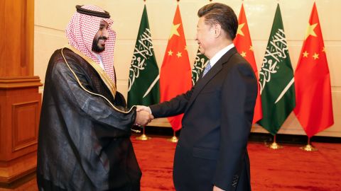 Saudi Arabia Deputy Crown Prince Mohammed bin Salman greets Chinese President Xi Jinping during a meeting at the Diaoyutai State guest house on August 31, 2016 in Beijing, China.  
