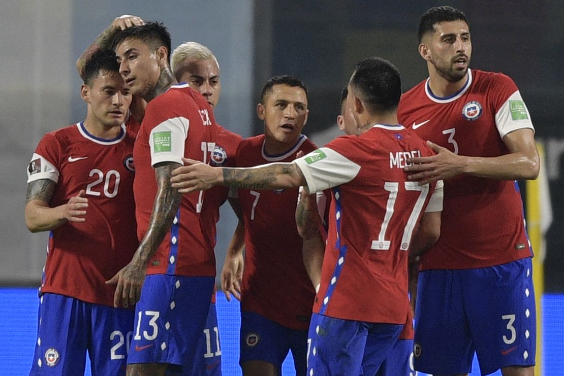 Chile players celebrate Alexis Sanchez's equalizer.