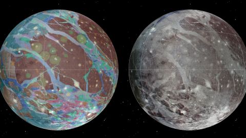 The mosaic (left) and geologic maps of Ganymede were created using imagery from NASA's Voyager and Galileo missions.