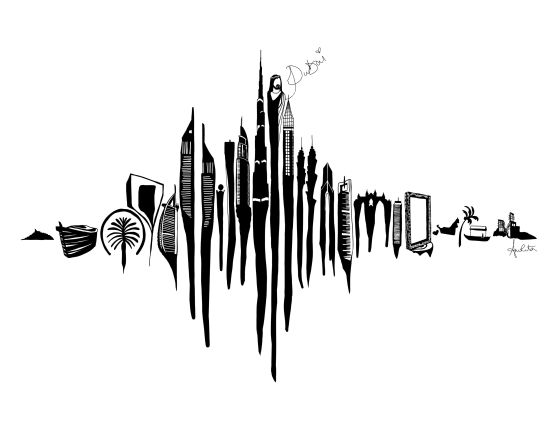 Each piece starts with the recording of a word or phrase, from which she produces a computer-generated image of its soundwave. Sethi draws over the individual lines to create a picture inspired by that word or phrase. Her first piece, from 2019, is based on the word "Dubai" and shows the city's skyline.