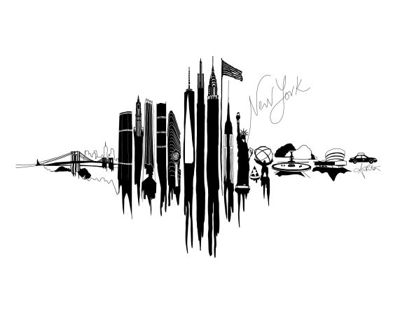 This piece, titled "New York," shows the city's skyline, including the Chrysler Building and the Statue of Liberty.