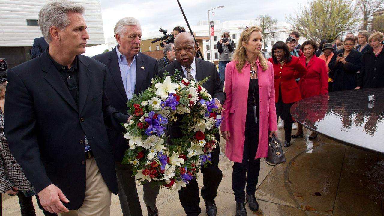 Lawmakers including Kevin McCarthy, Steny H. Hoyer, John Lewis and Kerry Kennedy carry a wreath to the Civil Rights Memorial in Montgomery, Ala., Saturday, March 3, 2012.