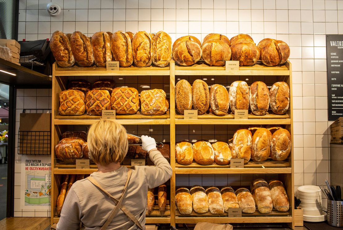 Fresh bread on a bakery stall inside Danilovsky market in Moscow, Russia, where food prices have shot up.