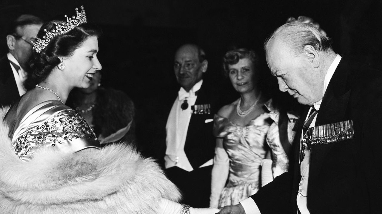 Princess Elizabeth greeting Winston Churchill at Guildhall on March 23, 1950.