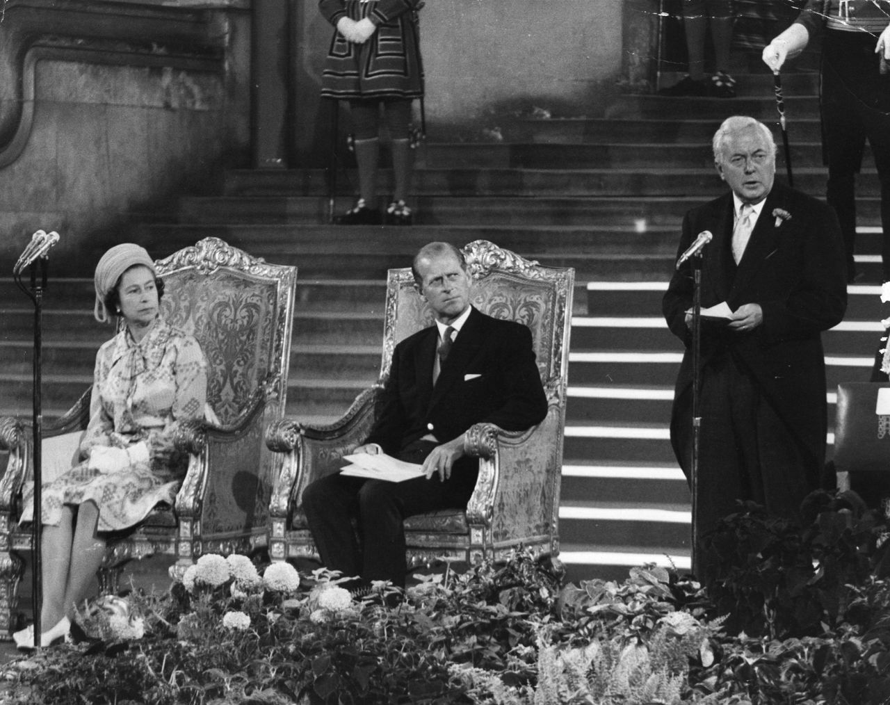 <strong>Harold Wilson (1964-1970, 1974-1976):</strong> Wilson, who came from a lower-middle-class background, became the Queen's first Labour Party prime minister. Wilson, seen here at right next to Prince Philip, often broke away from meeting traditions, and he enjoyed helping with the washing-up after barbecues at Balmoral — one of the Queen's residences. The Queen, however, warmed to Wilson's informal presence and even invited him to stay for drinks after their first meeting, which was not commonplace.