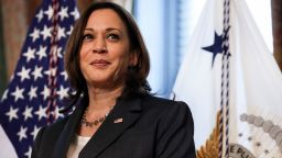 WASHINGTON, DC - JUNE 02: U.S. Vice President Kamala Harris looks on, Eric Lander, the incoming director of the White House Office of Science and Technology Policy, speaks to reporters after a swearing in ceremony in Harris' ceremonial office at the Eisenhower Executive Office Building on June 02, 2021 in Washington, DC. Lander is the last of U.S. President Joe Biden's cabinet nominees to be sworn in. (Photo by Anna Moneymaker/Getty Images)