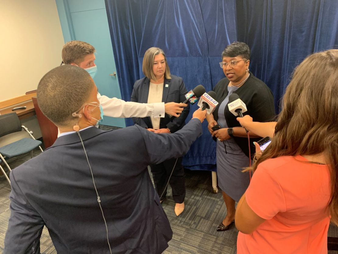 DCPS Superintendent Dr. Diana Greene speaking to reporters after the school board approved the name changes.