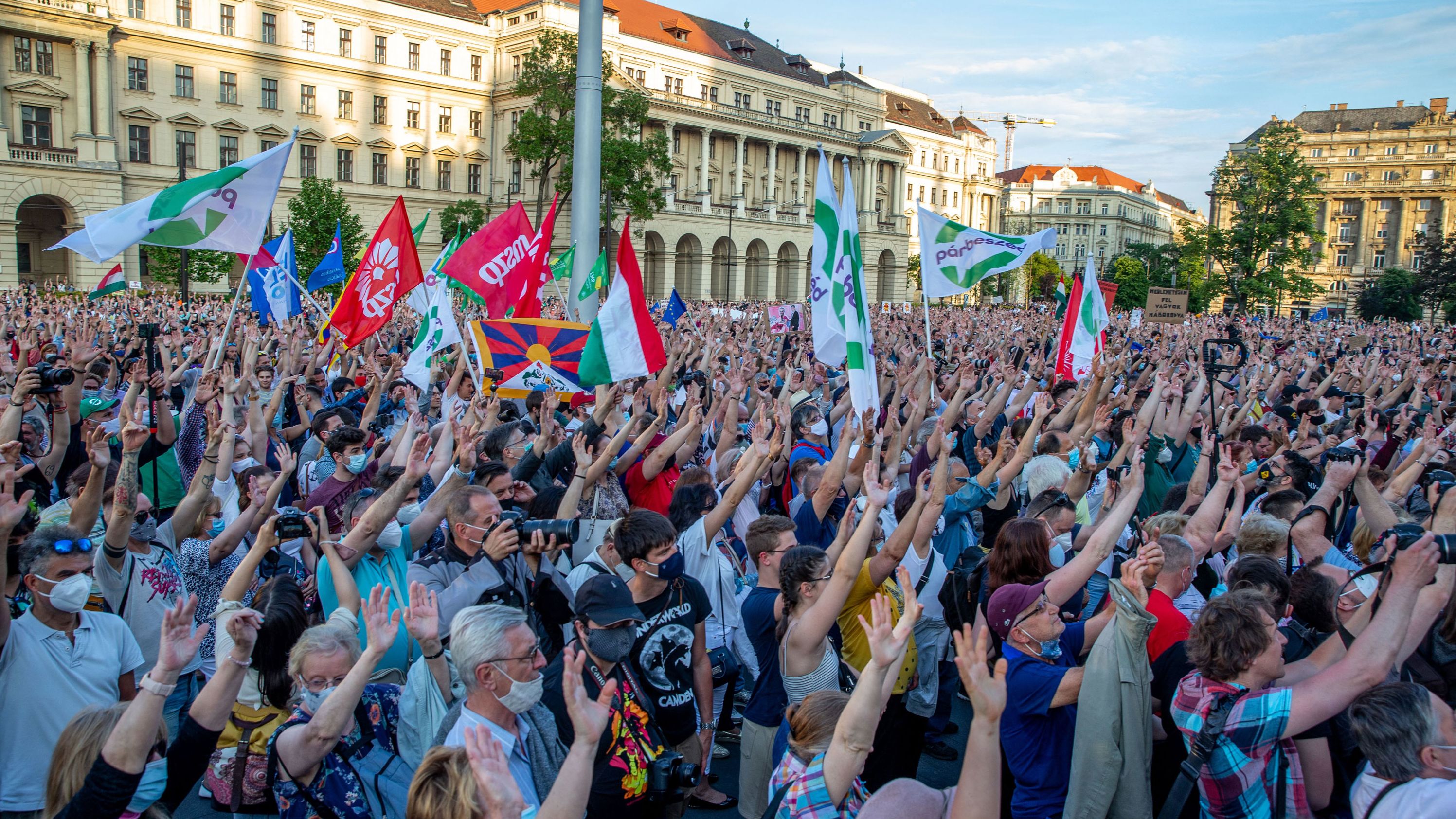 Demonstrators protest against the planned construction of a Chinese university campus in Budapest, on June 5, 2021.
