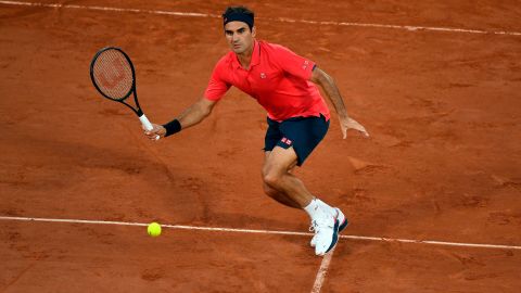 Federer plays a forehand during his third round match against Dominik Koepfer at Roland Garros on June 5.
