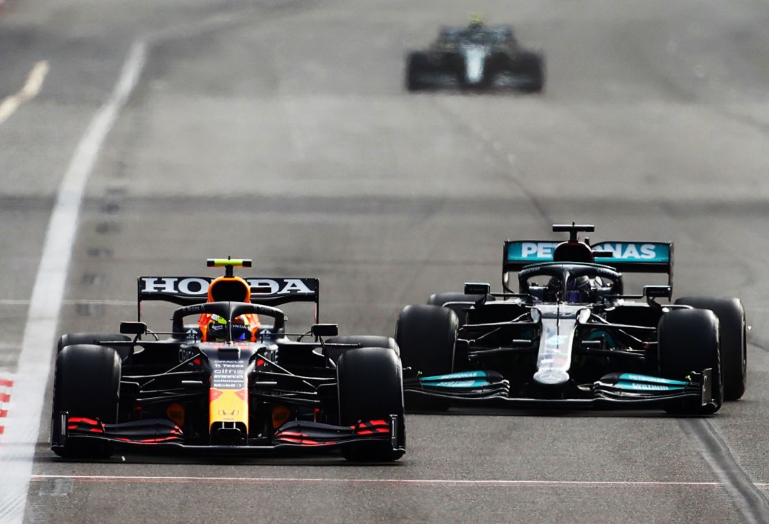 Sergio Perez leads Lewis Hamilton during the Azerbaijan GP.