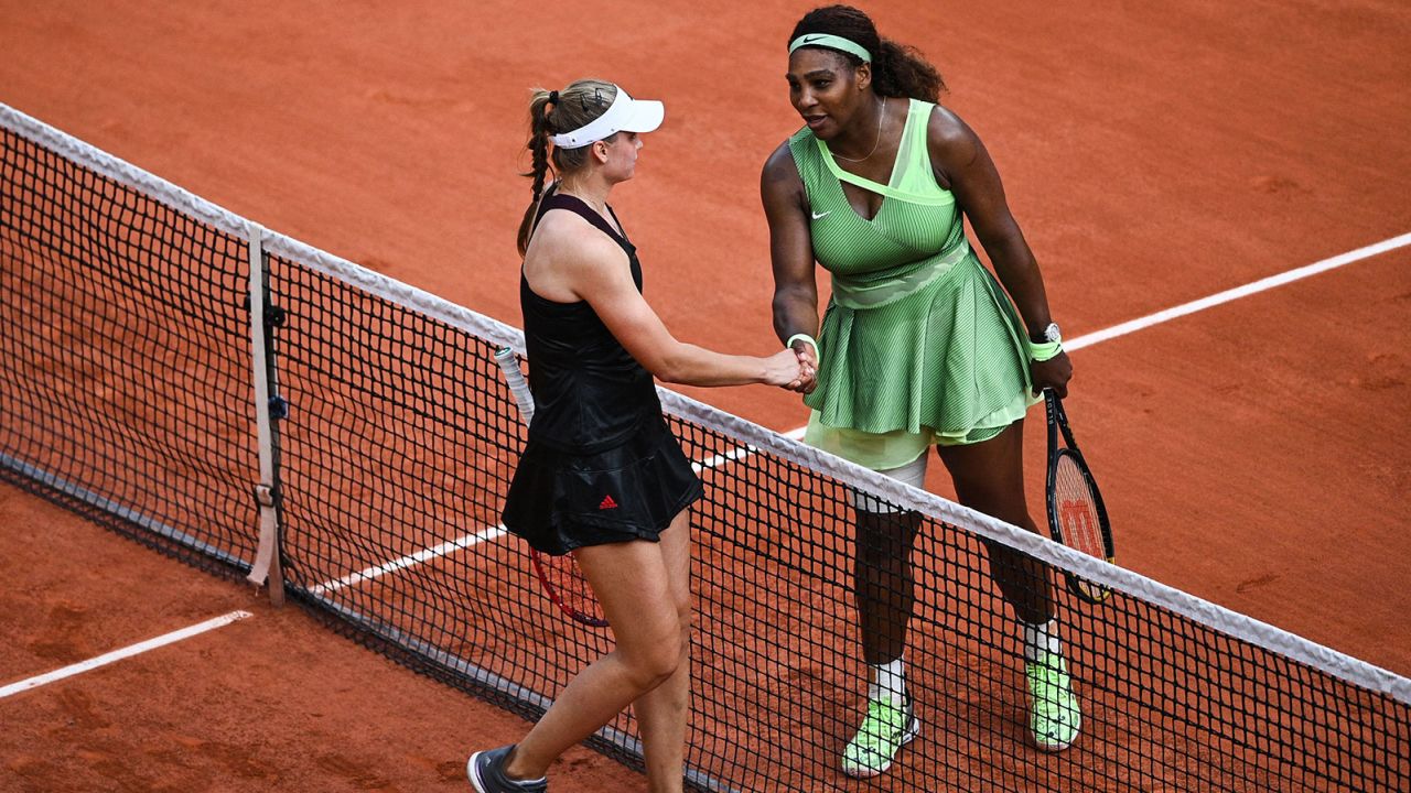 Serena Williams congratulates Kazakhstan's Elena Rybakina at the end of their women's singles fourth round match at the French Open.