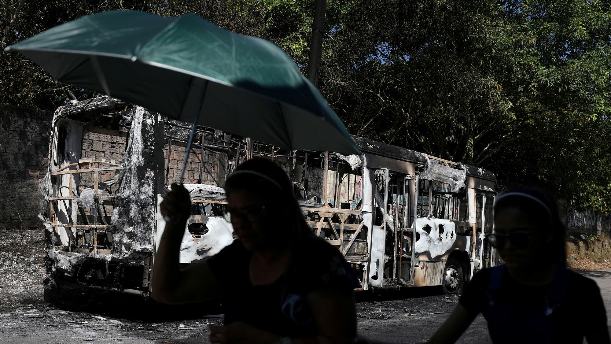 A burnt bus seen in Manaus, Brazil, June 6, 2021.
