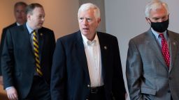 UNITED STATES - MAY 14: Rep. Mo Brooks, R-Ala., and Rep. Bob Latta, R-Ohio, right, are seen in the Capitol Visitor Center before Rep. Elise Stefanik, R-N.Y., won the election for House Republican Conference chair on Friday, May 14, 2021. (Photo By Tom Williams/CQ-Roll Call, Inc via Getty Images)