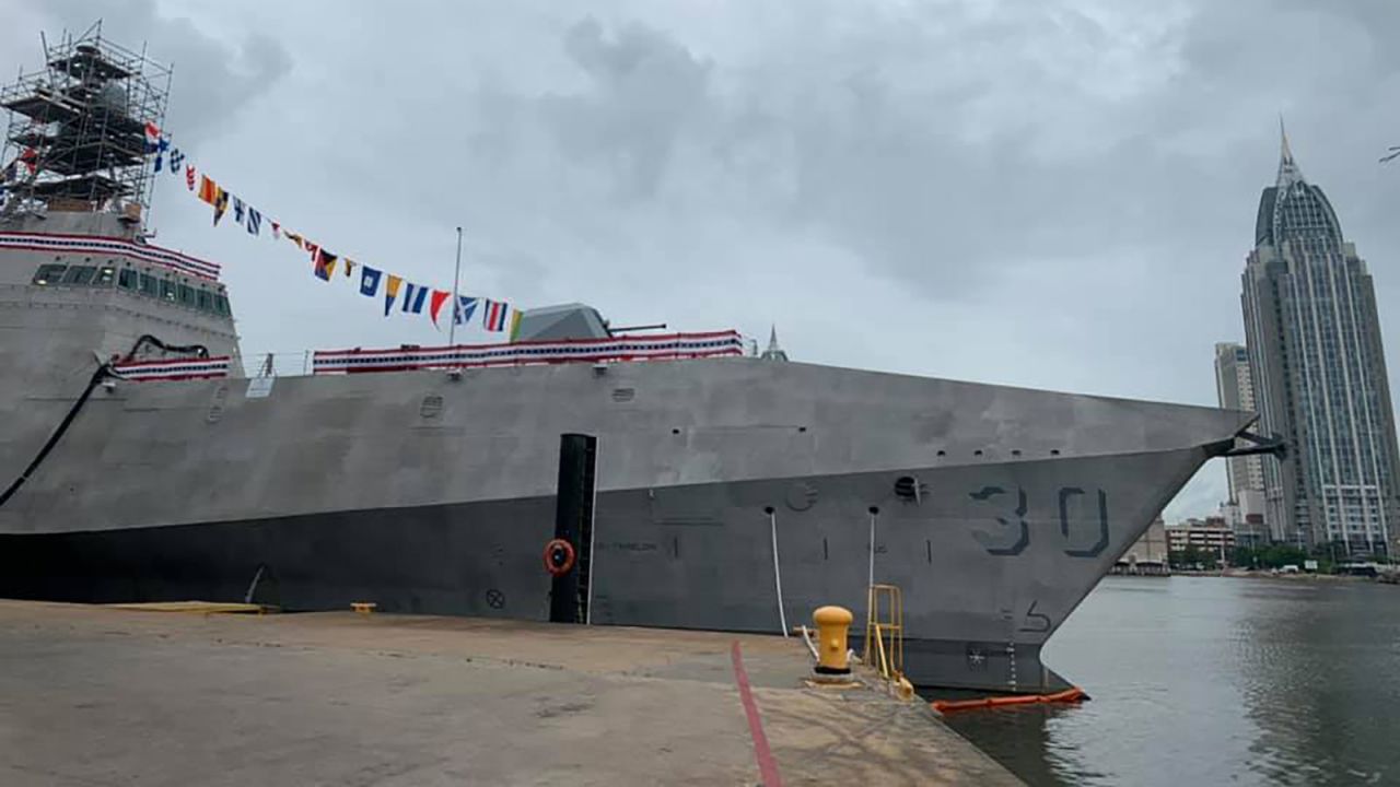 The littoral combat ship USS Canberra sits pierside in Mobile, Alabama, on Saturday for its christening ceremony.
