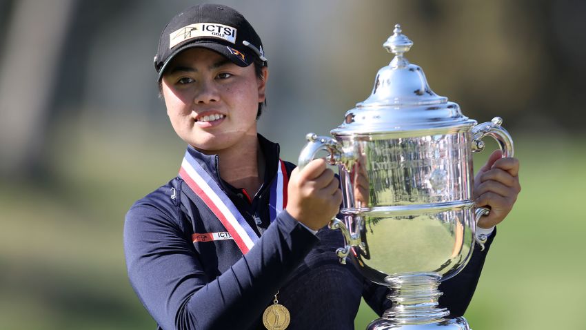 Yuka Saso, of the Philippines, celebrates her victory during the final round of the U.S. Women's Open golf tournament at The Olympic Club, Sunday, June 6, 2021, in San Francisco. Saso defeated Nasa Hataoka, of Japan, in a three-hole playoff. (AP Photo/Jed Jacobsohn)