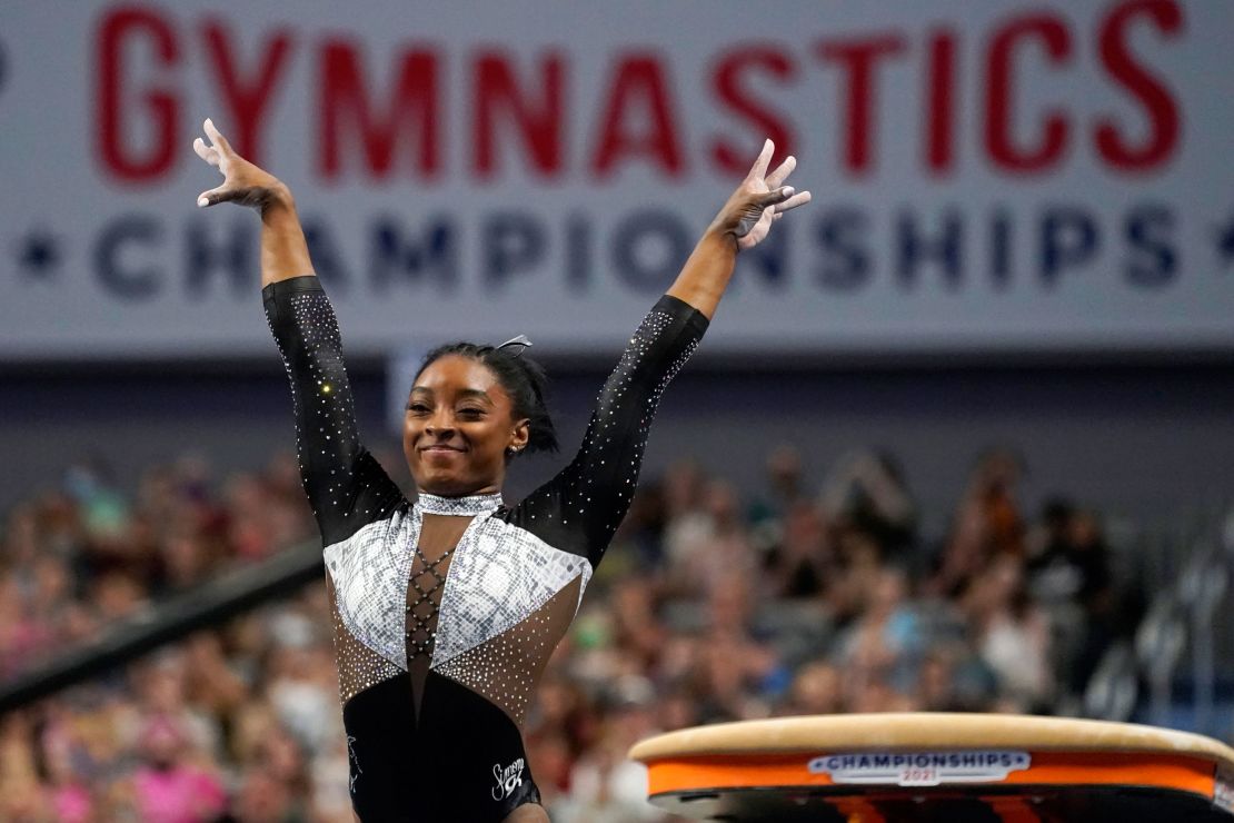 Simone Biles celebrates after competing in the vault during the US Gymnastics Championships earlier this month.