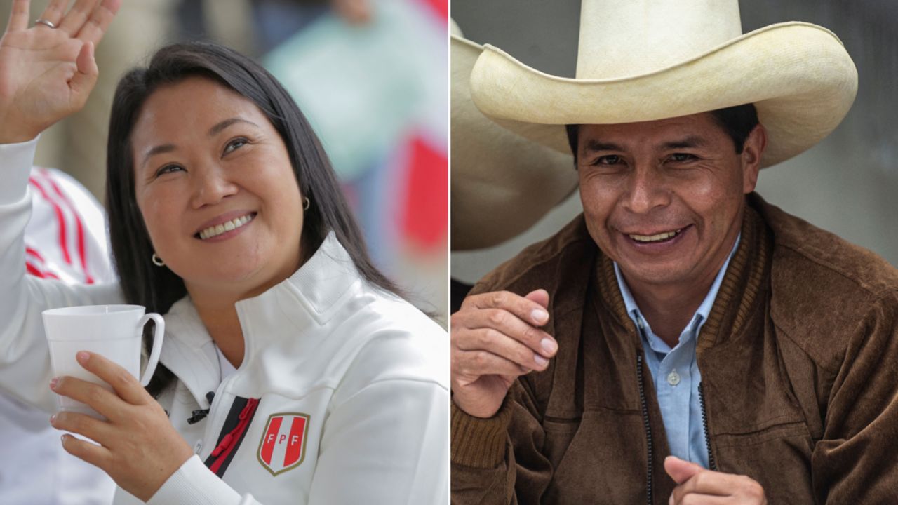 Peru presidential candidates Keiko Fujimori, left, and Pedro Castillo, right.