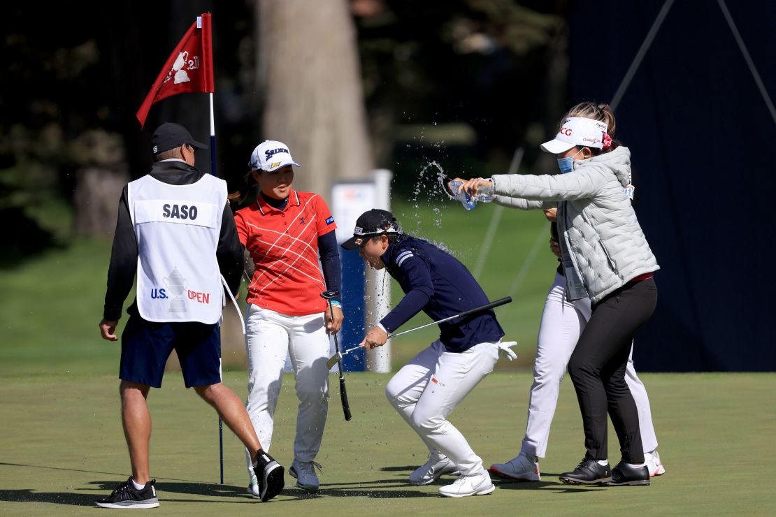 Saso is doused with water after winning the 76th U.S. Women's Open.