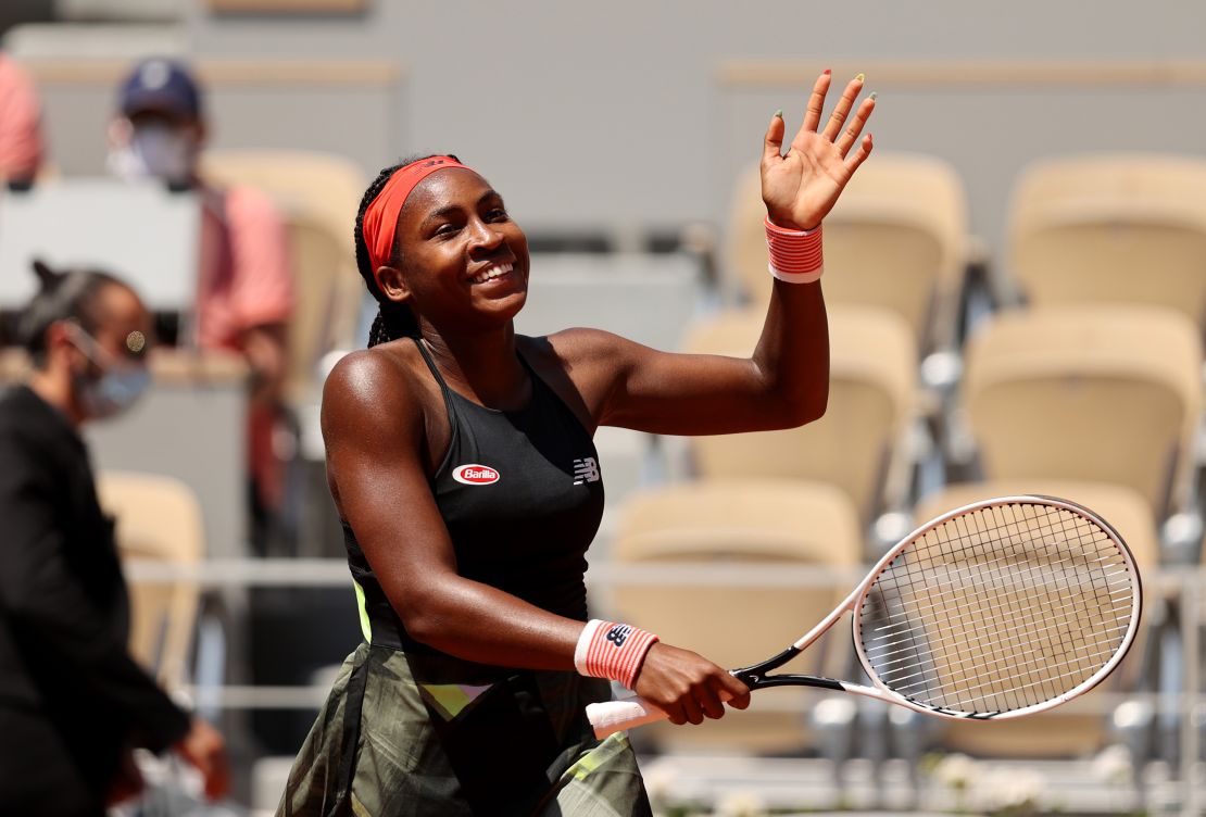 Gauff celebrates victory in her  ladies singles fourth round match against Ons Jabeur.